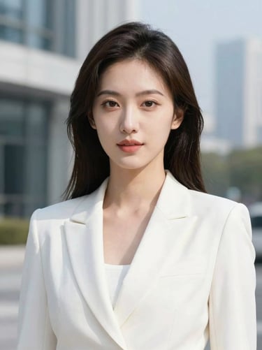 Professional headshot of a female executive in a white blazer, bright natural daylight, clean modern background.