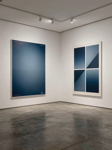 A wide-angle shot of a minimalist exhibition space in an International / Western gallery, where large printed brand posters are displayed on walls. The posters use a combination of muted steel blue and crisp off-white. The floor is polished concrete.