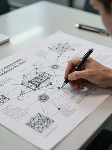 Overhead close shot of a large threat-model diagram spread across a meeting table, architectural sketch lines and network topology annotations visible under cool office fluorescent light, a single hand holding a pen mid-annotation, shallow depth-of-field