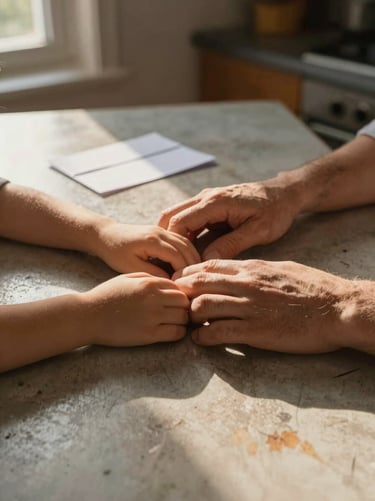 Tight frame of a child's hands and an adult's hands resting together on a worn kitchen table, late afternoon golden-hour light slanting through a window at the left edge, a folded letter visible just out of focus in the background — quiet domestic intimacy, no faces