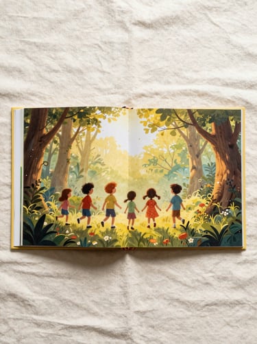 Open children's picture book spread photographed flat on a cream linen surface, soft diffused north-facing daylight, warm luminous illustration visible across both pages — tight overhead frame, no hands, book centered with gentle shadow on one edge