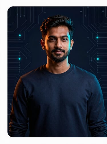 Professional portrait of a South Asian male technology architect, low-key dark-room lighting, sharp glowing cyan and orange neon rim lights, subtle circuit pattern background, octane render, 8k