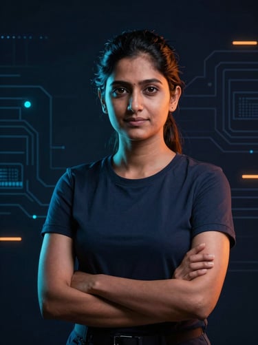 Professional portrait of a South Asian female cybersecurity engineer, low-key dark-room lighting, sharp glowing cyan and orange neon rim lights, subtle digital network background, octane render, 8k