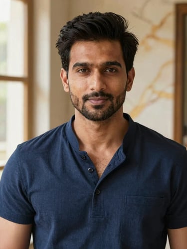 Professional South Asian male grooming expert, clean-shaven, healthy skin, warm lighting, premium editorial portrait