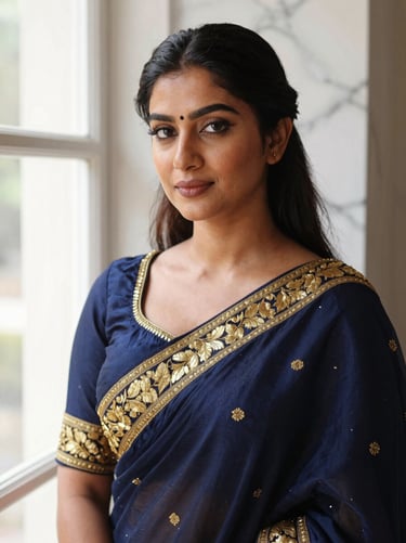 Sophisticated South Asian beauty expert, natural makeup, elegant royal navy background, editorial portrait