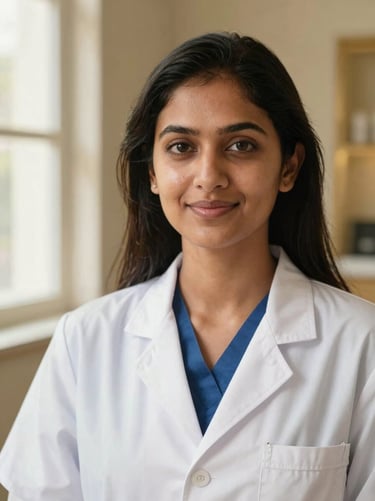 Dermatologist with healthy, glowing South Asian skin, clinical setting, soft warm lighting, professional portrait