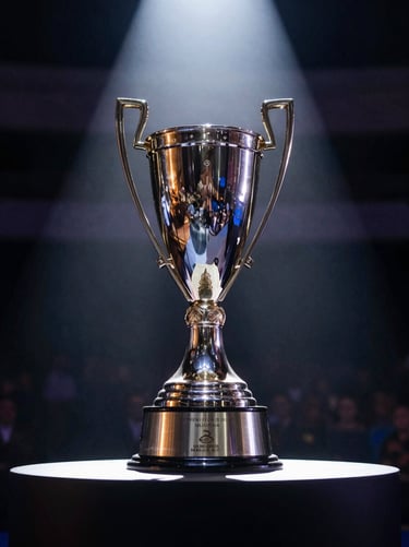 A low-angle, sharp focus shot of the tournament championship trophy sitting on a pedestal, illuminated by a single spotlight. The aesthetic is extremely clean and professional, reflecting the brand mood.