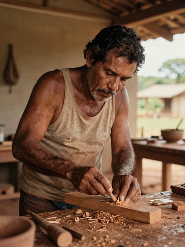 Medium portrait of a traditional woodcarver in his workshop in Mato Grosso do Sul, rich earthy tones, natural light, 35mm film style.