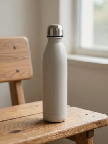 A minimalist steel water bottle standing on a wooden bench, soft natural light, shallow depth of field, 35mm