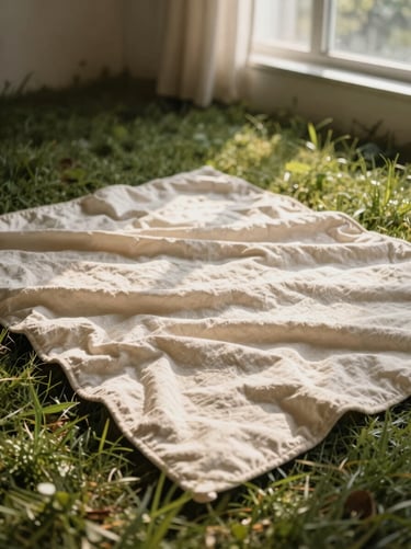 An organic cotton picnic blanket spread on green grass, soft afternoon sun, warm tones, 35mm