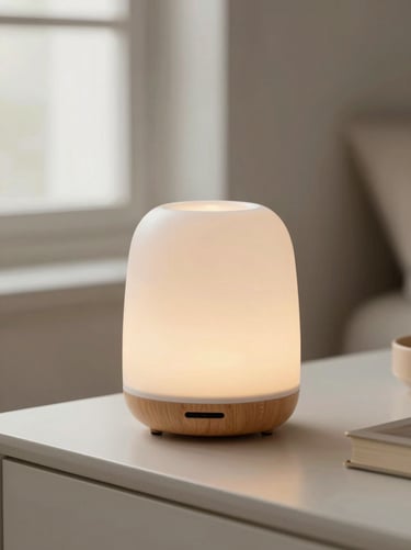A ceramic essential oil diffuser on a bedside table, gentle morning light, peaceful atmosphere, 35mm