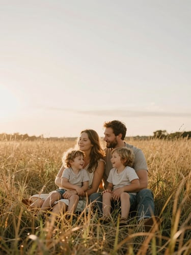 Wide environmental shot of a young family — parents and two small children — sitting in tall golden grass at dusk, children leaning into each other laughing, parents watching them with quiet warmth, soft backlit haze