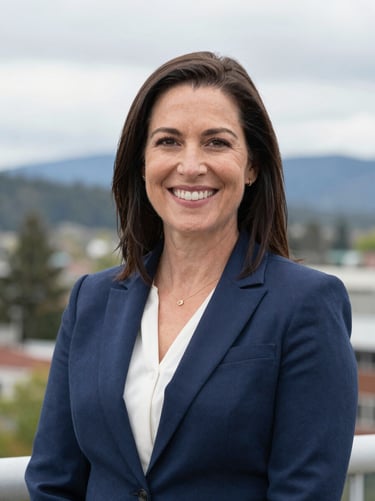 Professional headshot of a female insurance advisor, natural overcast light, Spokane outdoor background, smiling confidently.