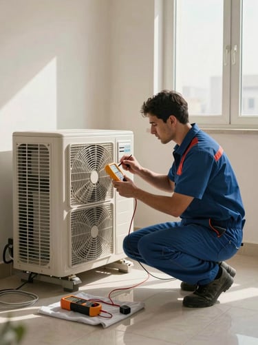 Wide shot of a technician crouching beside an indoor AC unit in a Bahraini apartment, checking the thermostat panel with a multimeter, north-facing window light casting soft shadows, tools laid on a cloth on the tiled floor