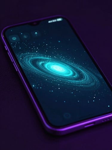 Sleek dark-mode game interface on an Android screen, dramatic neon violet rim lighting, high-contrast cyan star field rendering, macro lens