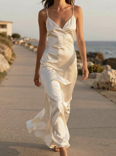 A woman walking down a sunlit coastal path wearing a flowing white silk dress, golden hour light.