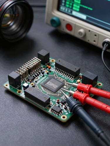Overhead close-up of an ESP32 microcontroller board on a dark workbench, oscilloscope probes clipped to exposed pins, terminal output visible on a nearby screen in the background, high-contrast lab lighting, sharp component detail