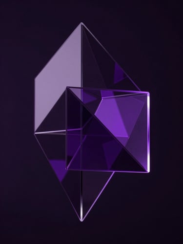 Abstract 3D glass geometries refracting deep purple light, low-key dramatic lighting