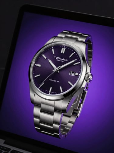 High-fidelity UI mockup of a luxury watch brand glowing on a dark screen, violet ambient backlighting