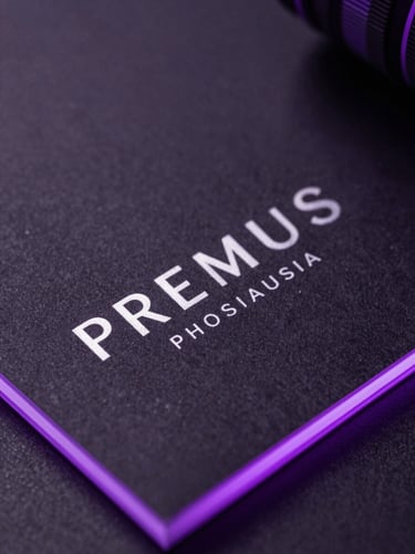 Macro shot of premium physical brand collateral with violet neon edge-lighting on dark paper