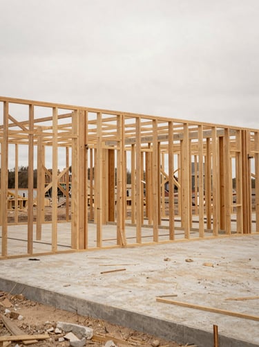 Architectural straight-on shot of a barndominium steel truss frame under construction, raw concrete slab visible, overcast daylight, earthy tones, 35mm lens.