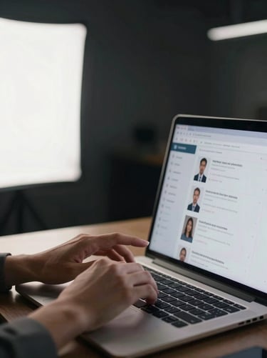 Close-up of professional hands scrolling a candidate profile on a laptop screen in a dark modern office, screen light illuminating focused expression, clean studio strobe fill from the left