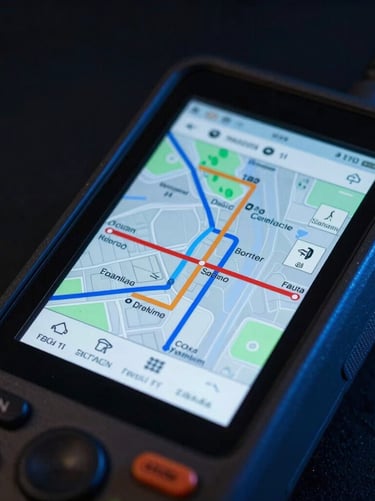 Macro shot of a rugged handheld terminal displaying warehouse routing maps under harsh industrial lighting.