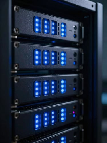 Abstract macro of server racks with blinking blue LEDs, representing zero-latency synchronization.