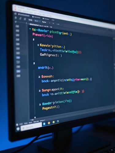 Close-up of developer analyzing Kotlin code pipelines on a vertical monitor, blue ambient glow.