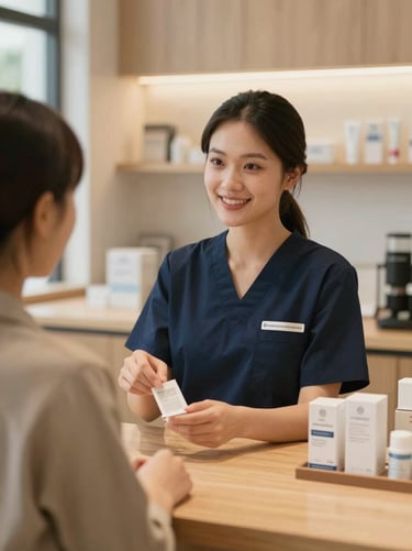 A portrait-oriented medium shot of a friendly, professional staff member behind a clean wooden counter, explaining a product label to a customer under warm interior lighting.