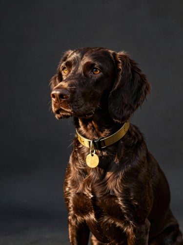 Elegant portrait of a spaniel dog outdoors, wearing a gleaming brass collar tag, soft side lighting, 35mm