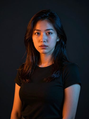 Cinematic portrait of a female creative director, dramatic orange key light, dark studio background, high contrast, 35mm lens