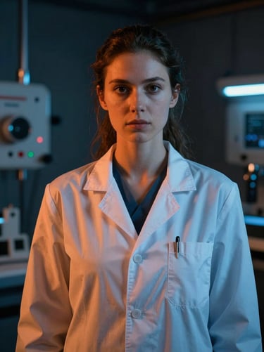 Cinematic portrait of a female growth engineer, dramatic orange and blue key lights, technical studio background, 35mm lens