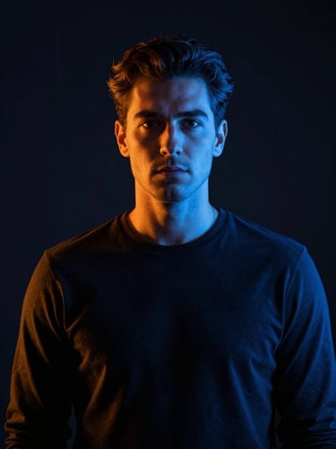 Cinematic portrait of a male lead editor, dramatic blue neon key light, dark studio background, high contrast, 35mm lens