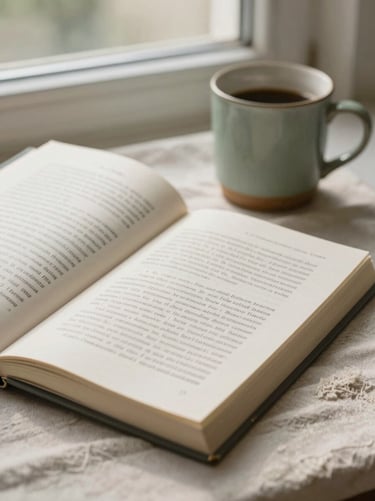 Close-up of an open ebook guide resting on a linen cloth beside a ceramic mug, north-facing morning window light, soft cream and sage tones