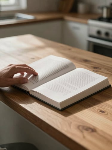Ebook guide lying open on a wooden kitchen counter, natural daylight from the left, a hand resting on the page, warm taupe and olive tones