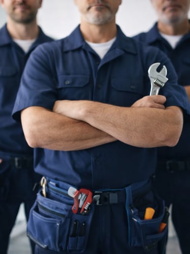 Professional shower repair technicians in blue uniforms with tools ready for work in Auckland