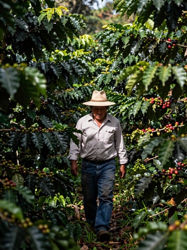 A vertical shot of a South American / Latin worker in a traditional hat walking through a dense, lush coffee grove, sunlight filtering through the canopy of green leaves and brown branches, high contrast and authentic.