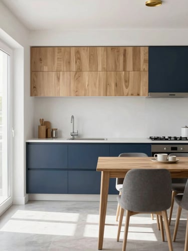 Clean shared living space, simple modern kitchen with wooden cabinets, dining table, bright daylight, 35mm