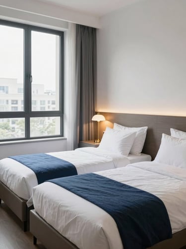 Tidy modern shared bedroom, dual beds with neat linens, warm gold lamp on nightstand, large window, 35mm