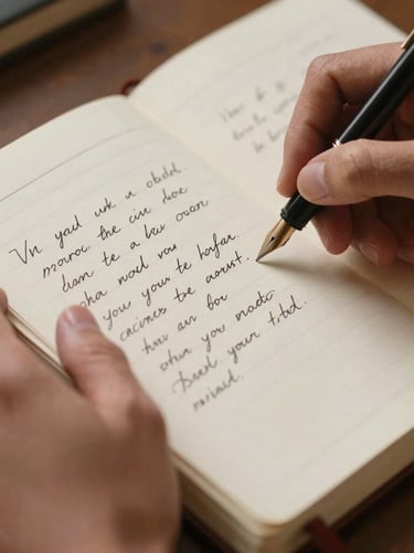 A detailed photography shot of hands writing lyrics in a notebook with a fountain pen, soft focus on the cream-colored pages, warm side lighting, intimate and creative South American setting, sophisticated aesthetic.