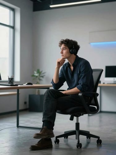 A modern professional sitting thoughtfully in a sleek, minimalist studio workspace with subtle blue ambient accents and generous natural light, North American / Global context, crisp architectural details and an engaging personal atmosphere.