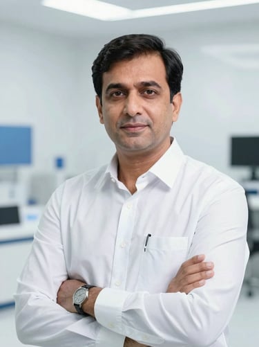Dignified portrait of Director Muhammad Younus, South Asian male executive, bright clean clinical white lighting, professional corporate setting.