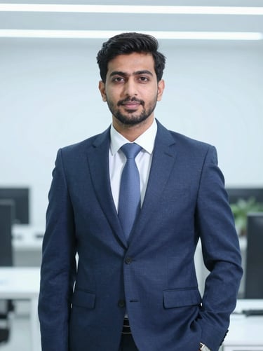 Dignified portrait of CEO Muhammad Hassan Younus, young South Asian male executive, cool blue tones, sterile modern office setting.