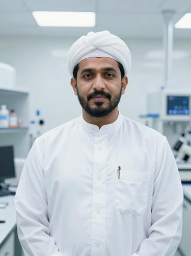 Dignified portrait of Muhammad Muaz bin Younus, South Asian compliance officer in professional attire, bright clinical white lighting, sterile laboratory setting.