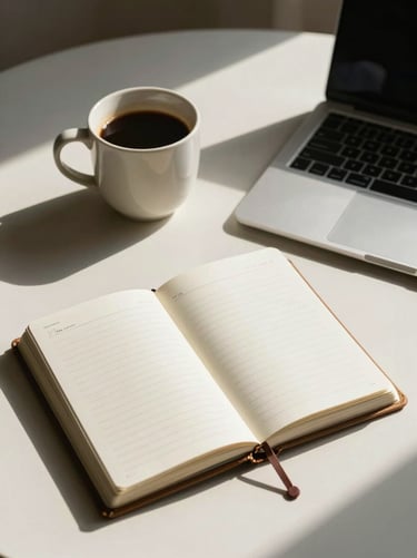 Cinematic high-contrast flat-lay of a ceramic coffee cup next to an open physical planner and a modern laptop on an ivory surface, soft morning window light with deep shadows, elegant and structured composition.