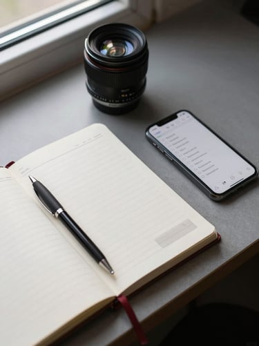 A top-down view of a modern, organized desk with a notebook, a pen, and a clean smartphone displaying a checklist, soft natural window light