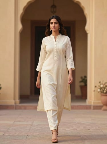 Full-length portrait of an elegant woman walking through an arched doorway, wearing a tailored ivory kurta set, soft diffused lighting.