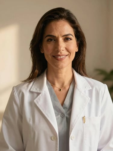 Portrait of a female Venezuelan psychologist, warm natural light, soft beige background, smiling gently, professional 35mm