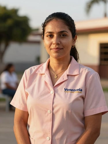 Portrait of a female social worker in Venezuela, warm golden-hour light, outdoor community setting, professional, dignified